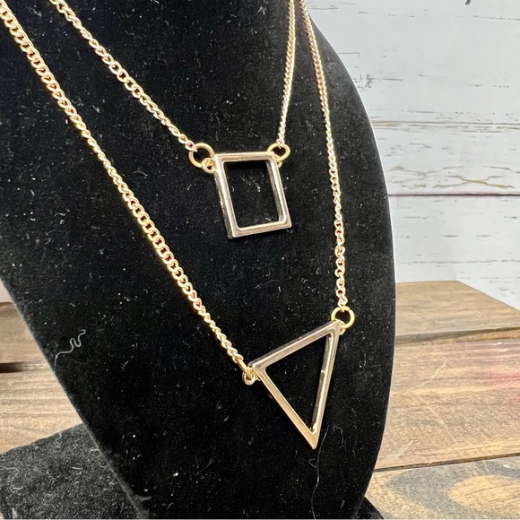Gold Tone Geometric Two Strand Statement Necklace - Picture 3 of 6